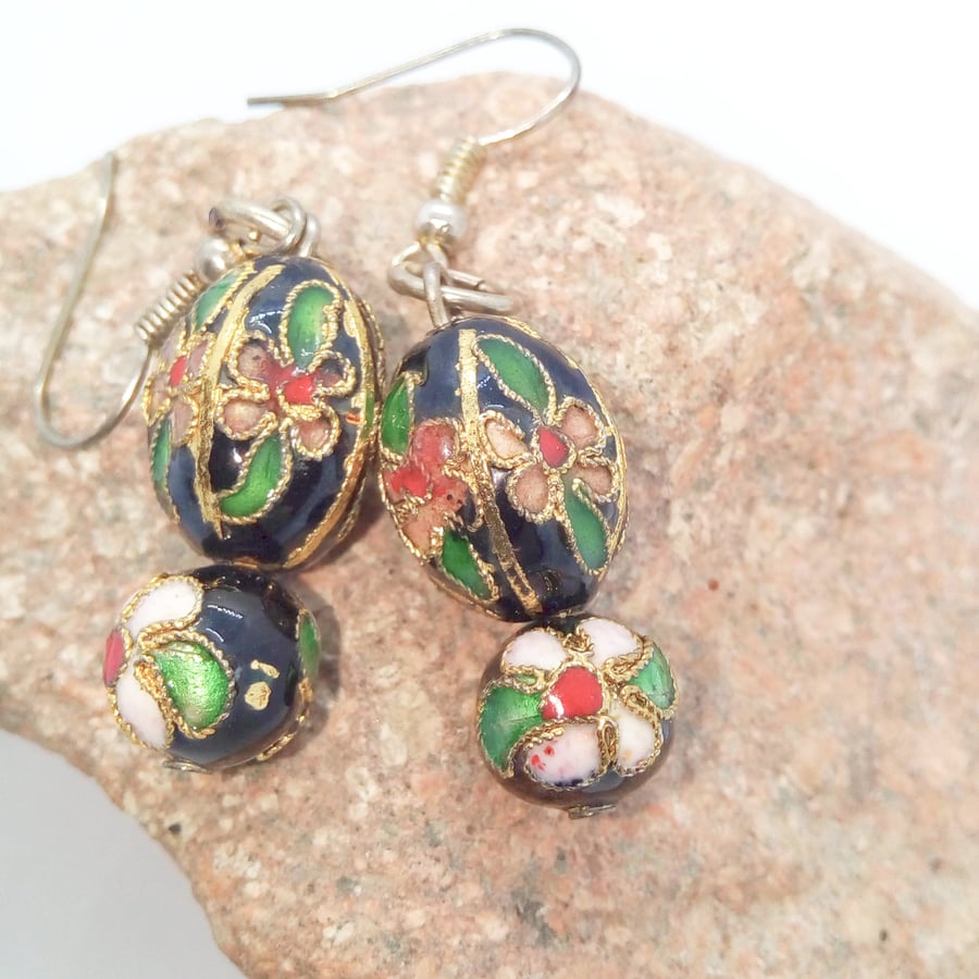 Black Cloisonne Earrings for Pierced Ears, Ladies Earrings, Valentines Day Gift