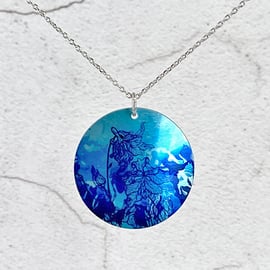 Floral blue necklace, 32mm disc pendant on chain, handmade jewellery. (84)