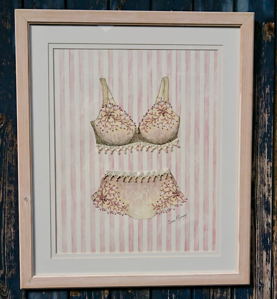 Pink and cream bra and knickers painting hand-stitched with ribbon and pearls