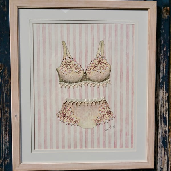 Pink and cream bra and knickers painting hand-stitched with ribbon and pearls