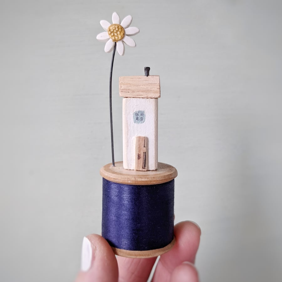 Wooden House on a Vintage Bobbin with Clay Daisy