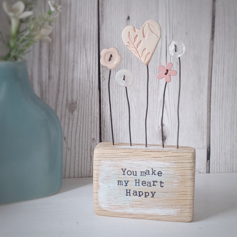  Clay Heart and Buttons in a Painted Wood Block 'You make my Heart Happy'