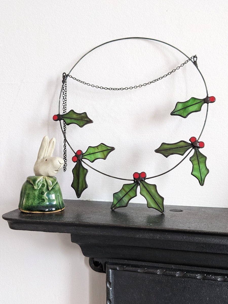 Stained Glass Holly Wreath, Christmas Wreath, Christmas Door Decoration 