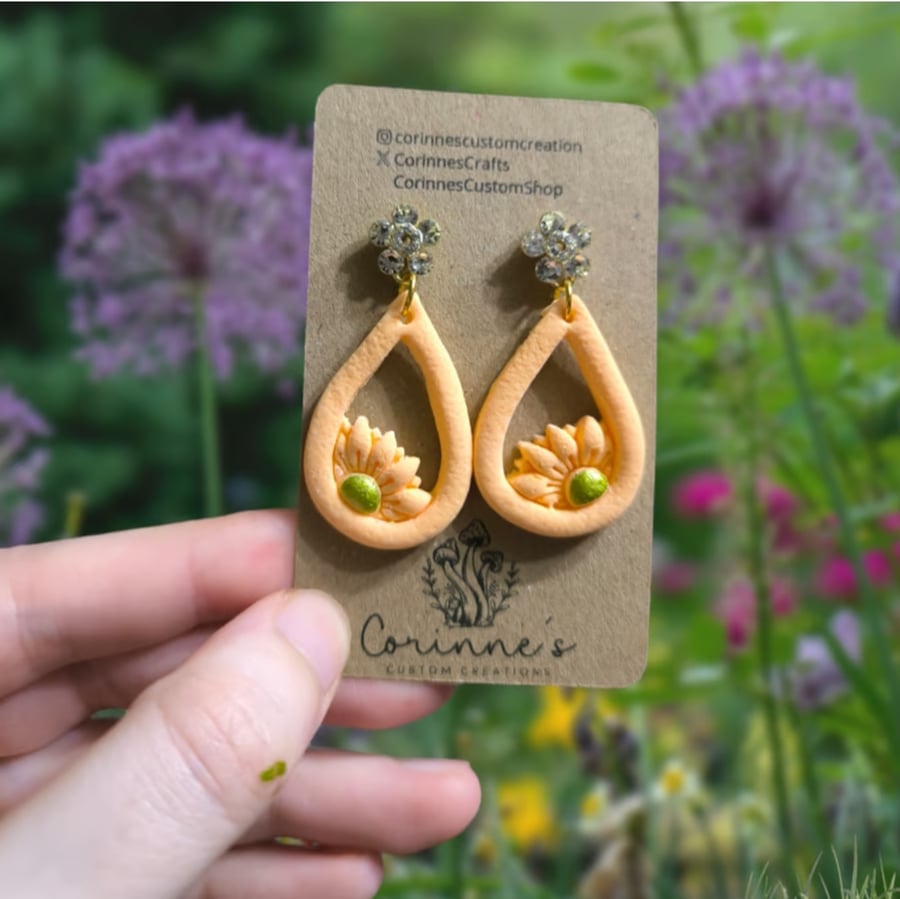 Polymer Clay Sunflower Dangle Drop Earrings 