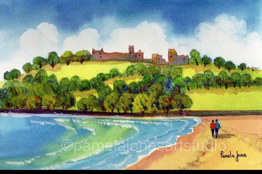 Watercolour Print :: Llanstephan Castle, Beach, Carmarthenshire, 8 x 6'' Mount