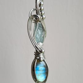 Large 925 Silver & Natural Labradorite & Raw Aquamarine Pendant Necklace Gift 