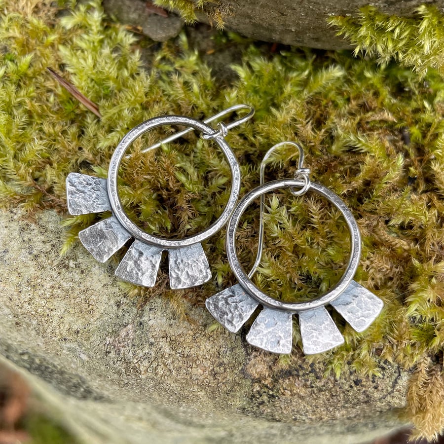 Sterling  Silver tribal sun earrings on handmade hooks, oxidised silver