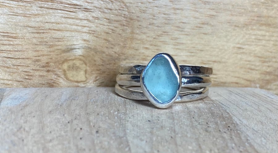 Handmade Welsh Seafoam Greeny Blue Sea Glass & Silver Stacking Ring Set Size Q
