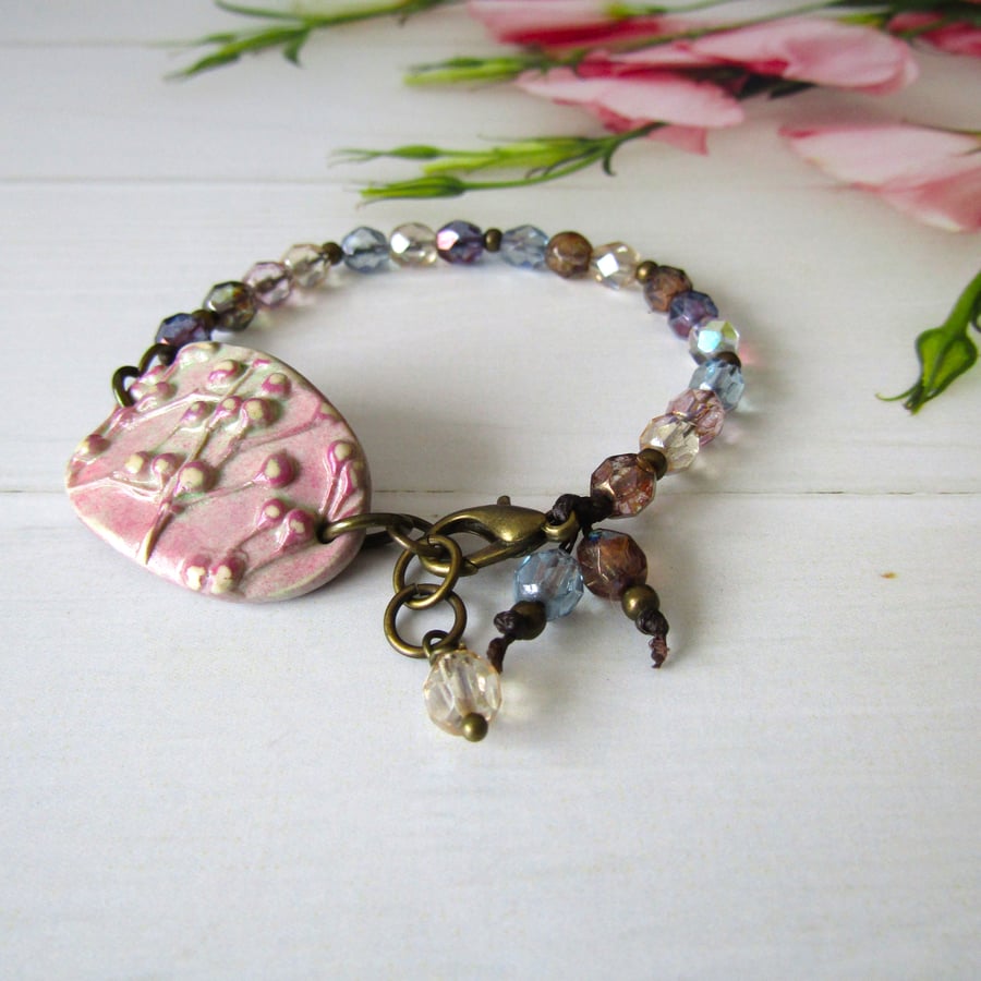 Pink Crystal Bead Bracelet with Seed Head Connector