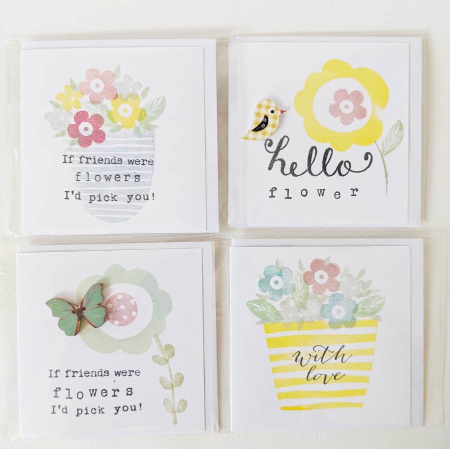 Set of 4 Mini Stamped Cards Friend Birds Flowers