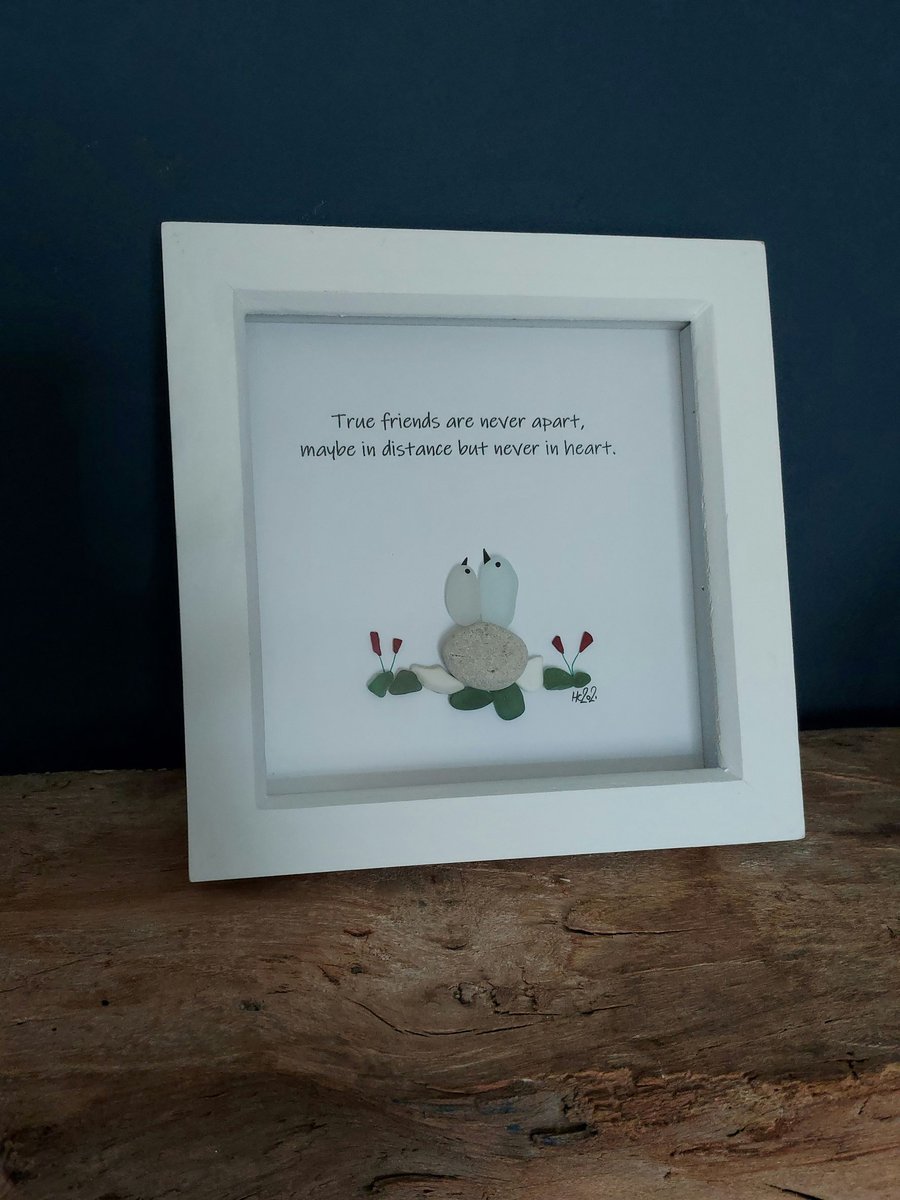 White framed sea glass artwork, friendship quote picture