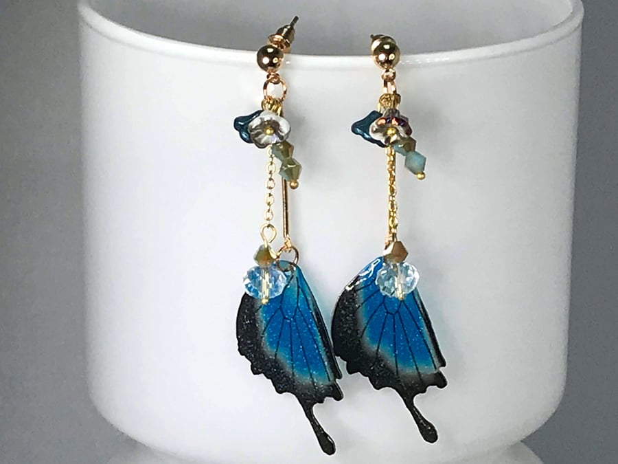 RESIN BUTTERFLY EARRINGS wings clear crystal cluster gold plated Czech glass 