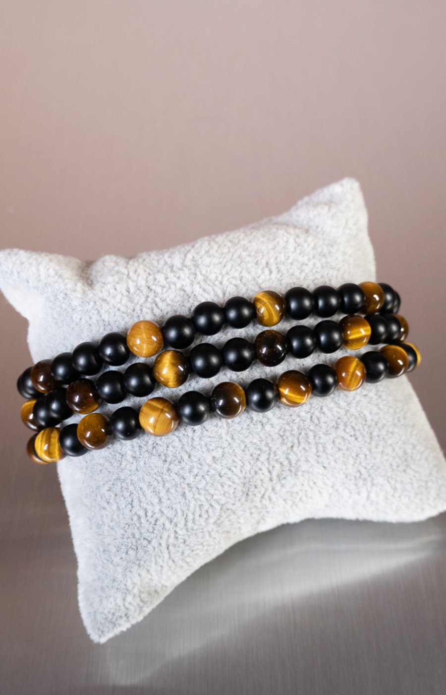 Bracelet Onyx and Tiger's Eye gemstone stretchy design 2 of 3 handmade