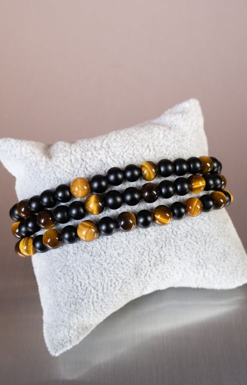 Bracelet Onyx and Tiger's Eye gemstone stretchy design 2 of 3 handmade