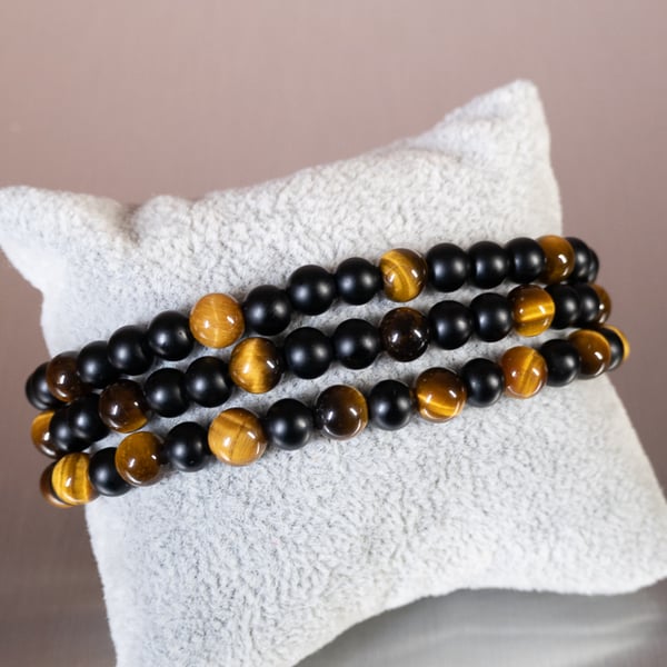 Bracelet Onyx and Tiger's Eye gemstone stretchy design 2 of 3 handmade