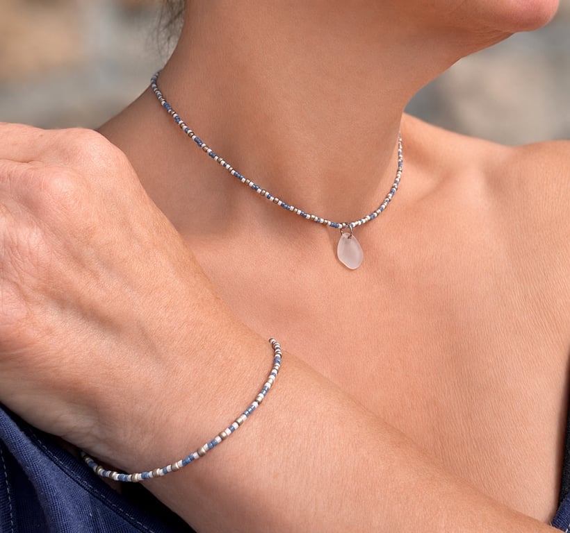 Necklace and bracelet or anklet with seed beads and seaglass Ref R22