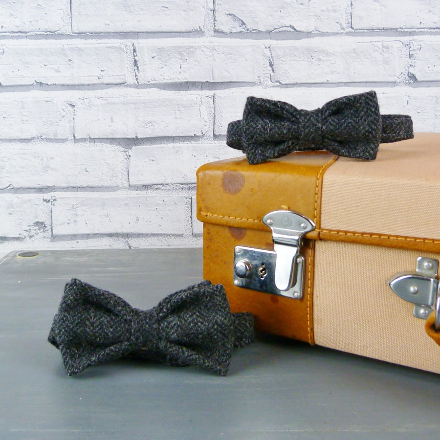 Father and Son Yorkshire Tweed bow tie set - Charcoal Herringbone