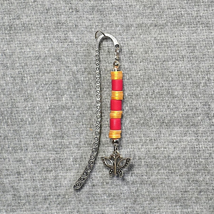 Patterned Metal Bookmark with Polymer Clay Heishi Beads and Butterfly Charm