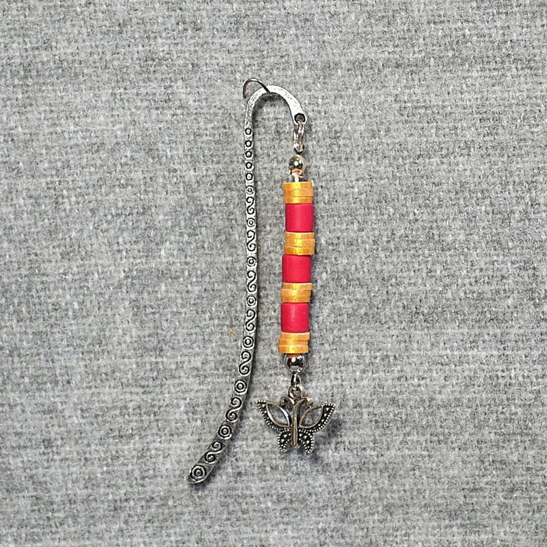 Patterned Metal Bookmark with Polymer Clay Heishi Beads and Butterfly Charm