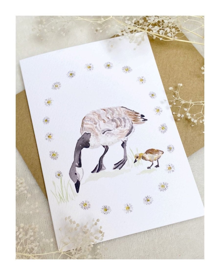 Regents Park Inspired Canada Goose and Gosling with Daisies Greeting Card for a 