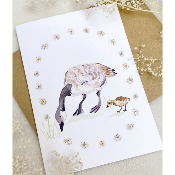 Regents Park Inspired Canada Goose and Gosling with Daisies Greeting Card for a 