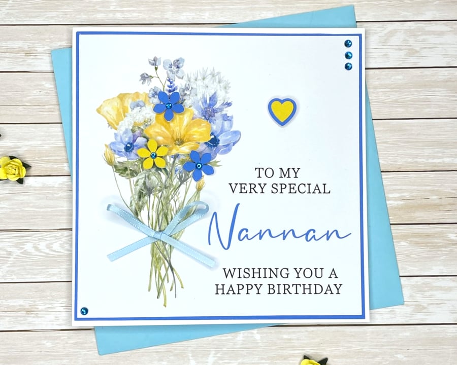 Birthday Card Personalised Blue & Yellow Floral Nannan Grandma Nan Mum Wife Gran