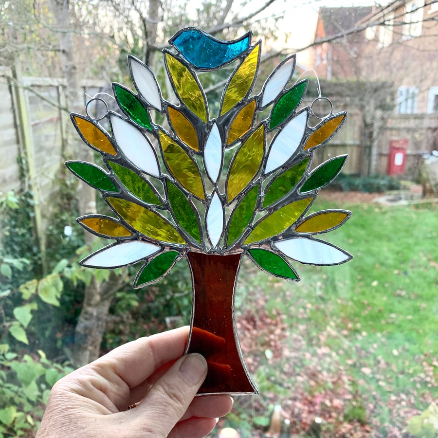 Stained Glass Birdie in a Tree Suncatcher - Handmade Decoration - Spring