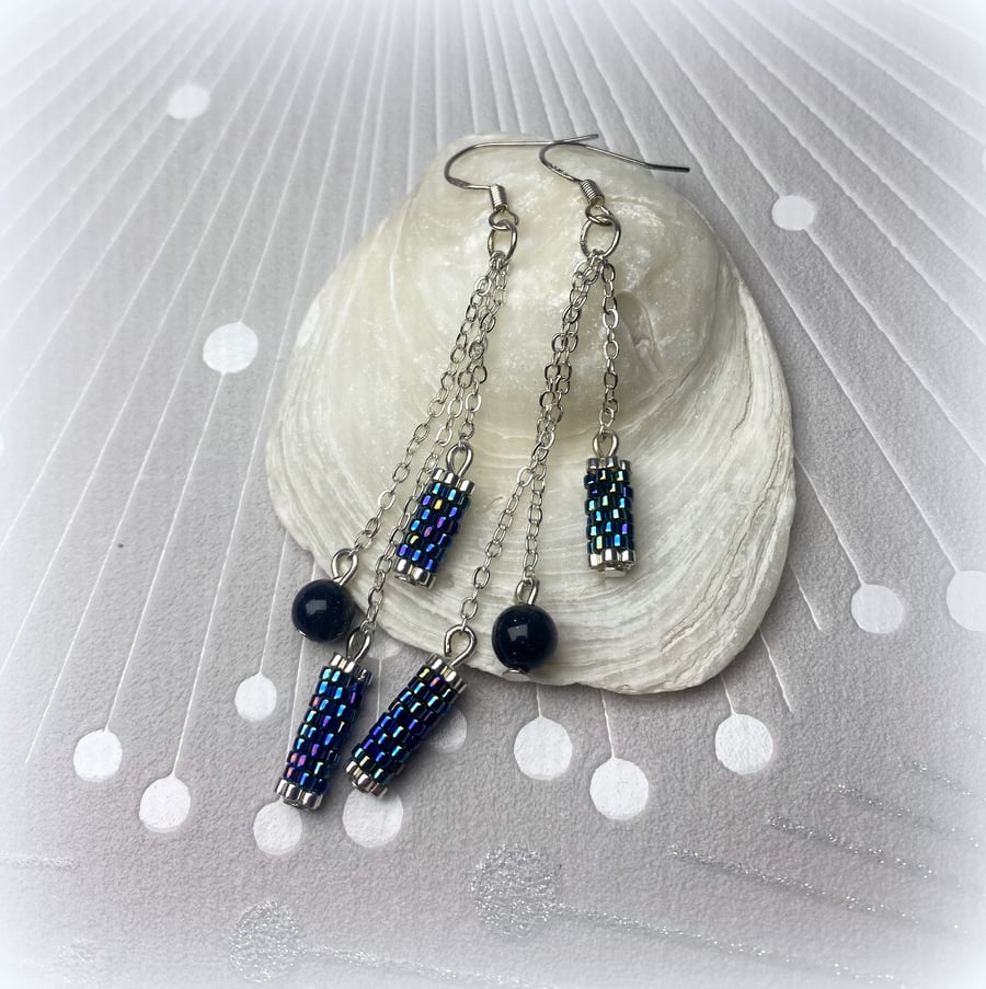 Handmade blue sandstone silver dangle earrings with bead woven elements