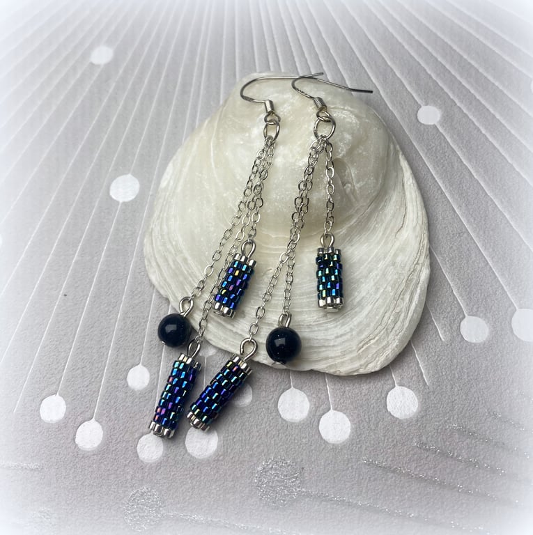 Handmade blue sandstone silver dangle earrings with bead woven elements