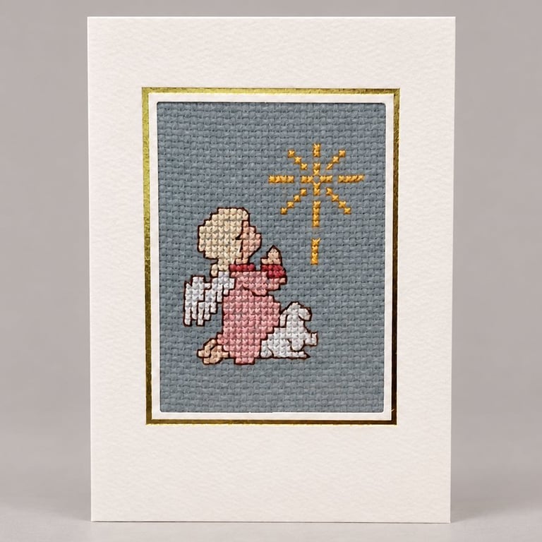 Handmade Cross Stitch Christmas Angel Card – Traditional Festive Card – 6 x 4 In