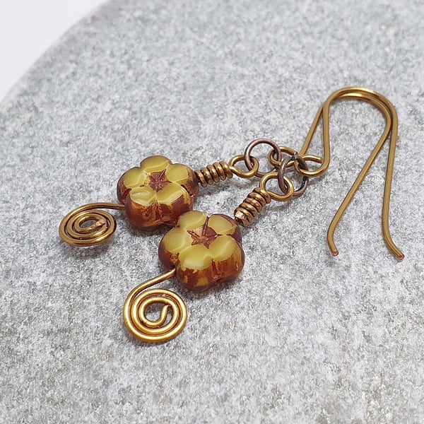 Dainty floral mustard yellow & bronze flower earrings 