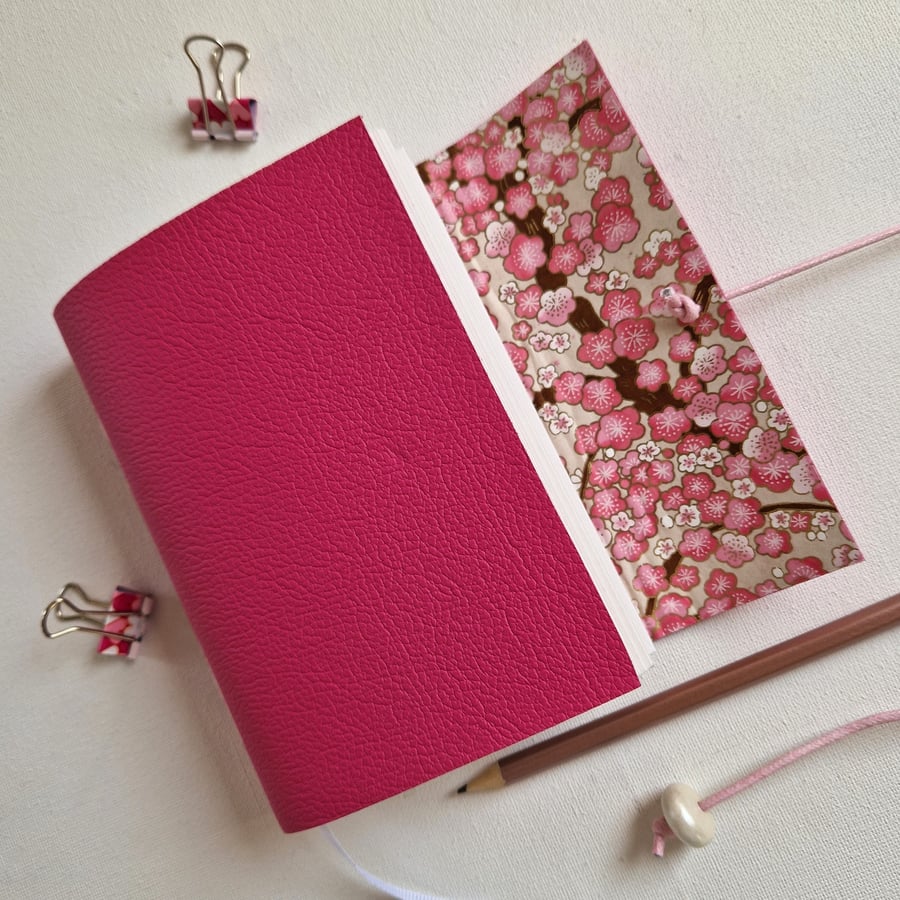 Pink Leather Notebook or Journal lined with Chiyogami Blossom Paper