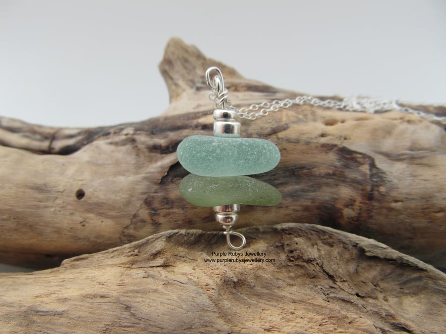Seafoam and Light Green Cornish Sea Glass Stack Necklace N476