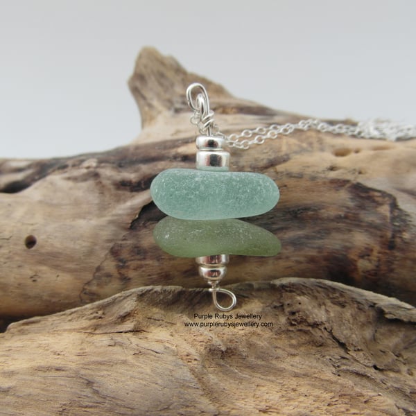 Seafoam and Light Green Cornish Sea Glass Stack Necklace N476