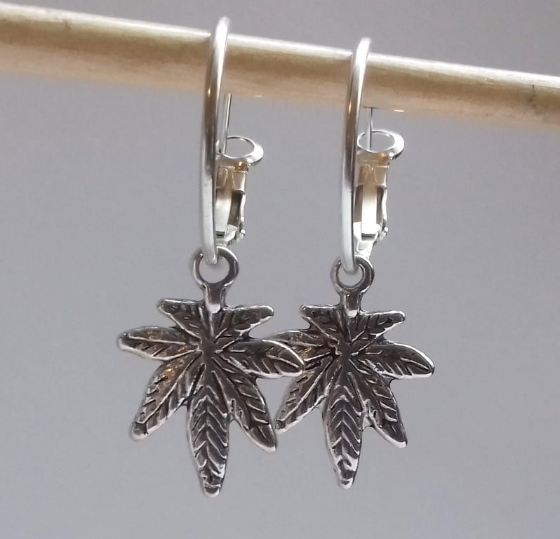 Cannabis Hoops Charm Hoop Silver Plate Earrings 