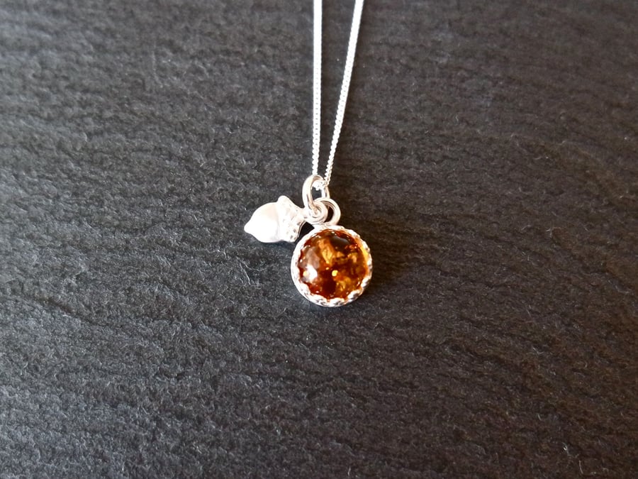 Amber acorn silver necklace, autumn fall jewellery, baltic amber