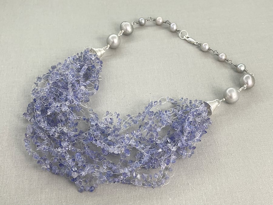 Tanzanite & Silver Cultured Pearl Crochet Necklace Choker with Sterling Silver