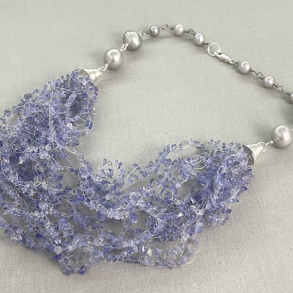 Tanzanite & Silver Cultured Pearl Crochet Necklace Choker with Sterling Silver