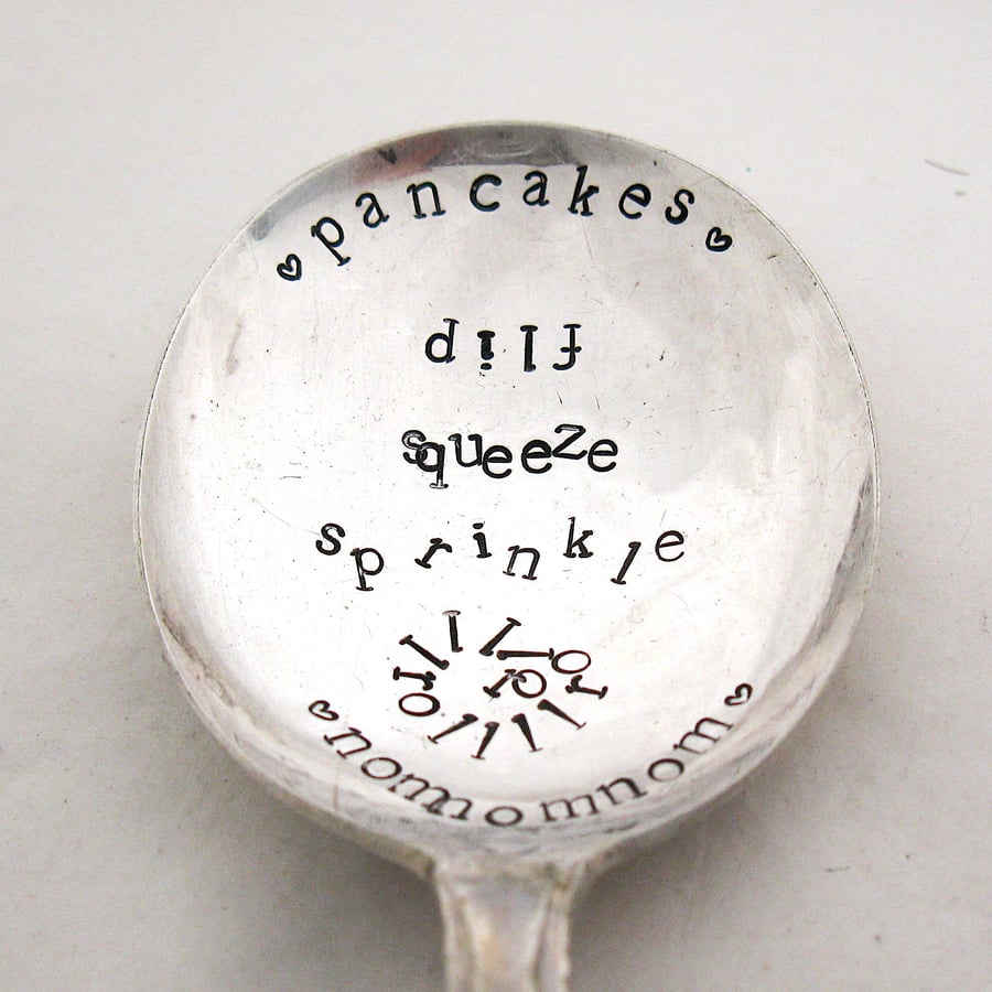 Pancake Day spoon, handstamped vintage dessertspoon