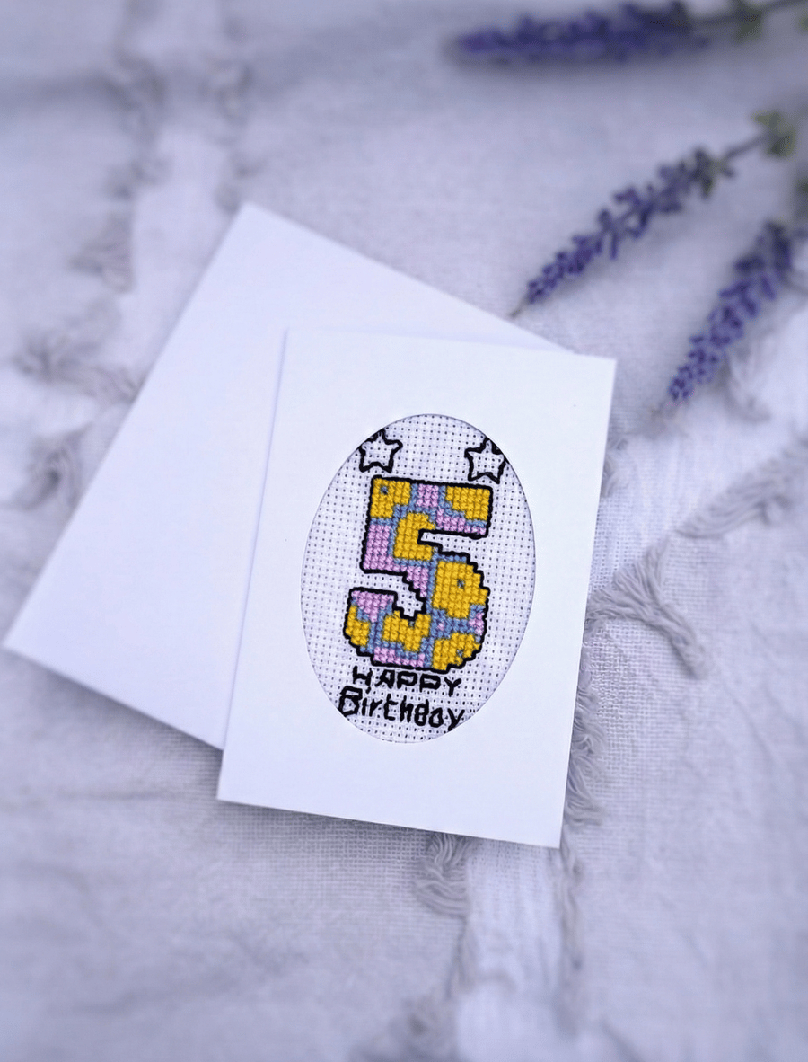 Handmade Cross Stitch 5th Birthday Card Featuring Colourful Embroidered 