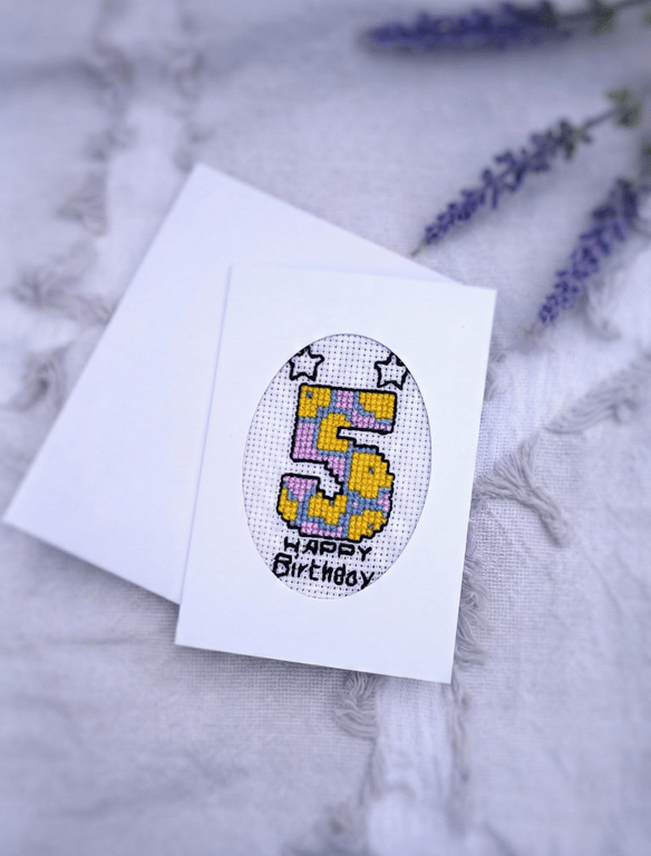 Handmade Cross Stitch 5th Birthday Card Featuring Colourful Embroidered 