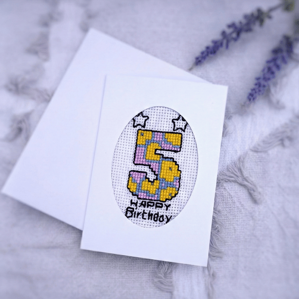 Handmade Cross Stitch 5th Birthday Card Featuring Colourful Embroidered 