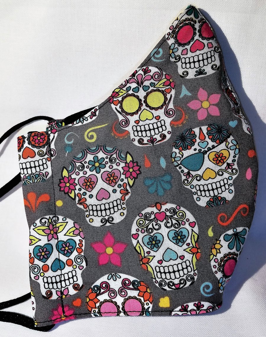Face mask reusable triple layer 100% cotton sugar skull printed cotton hand made