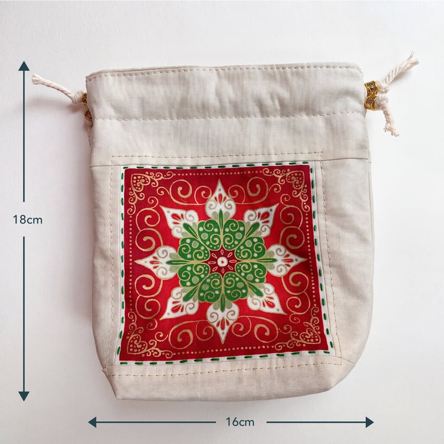 Double Sided Fabric Christmas Gift Bag – Snowflake and Holly Motif 
