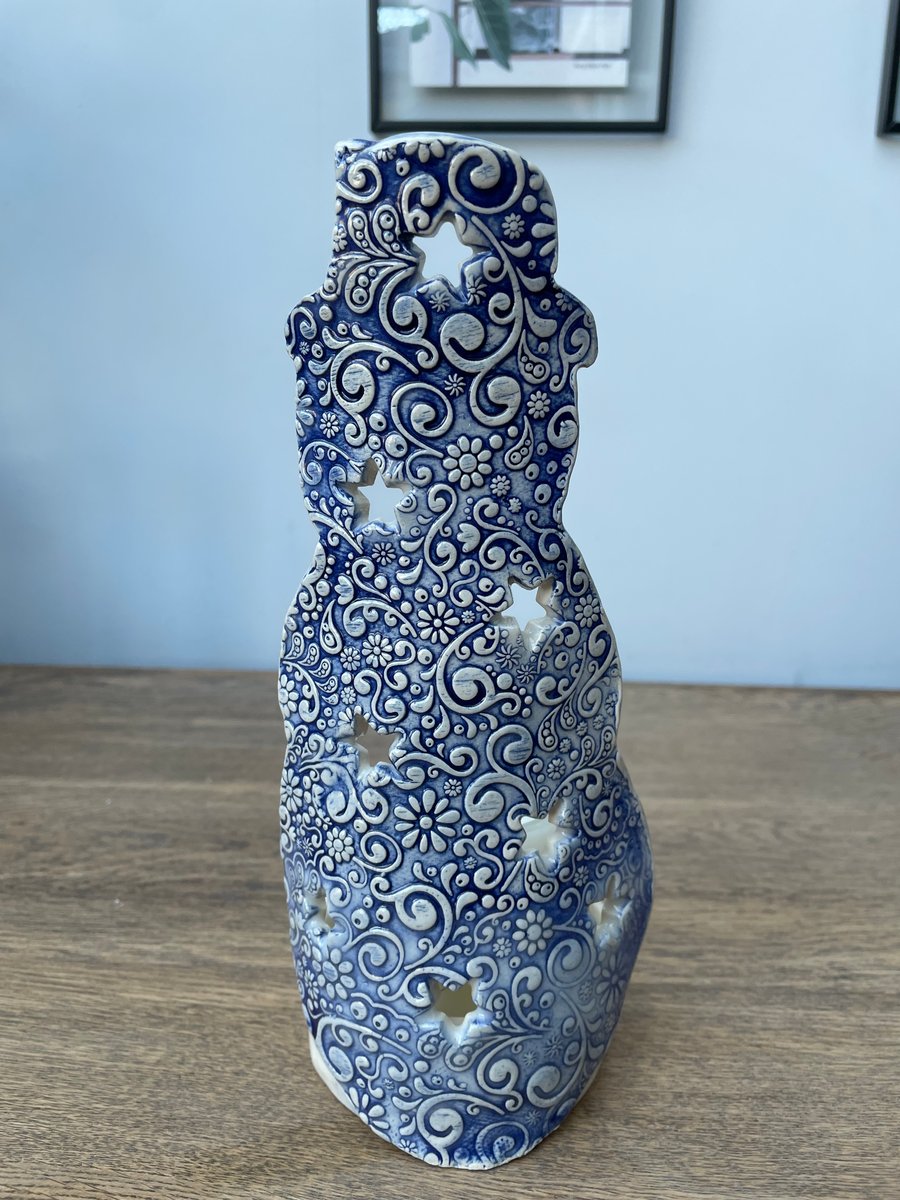 Handmade ceramic Snowman luminary for candle or LED candle Blue and white