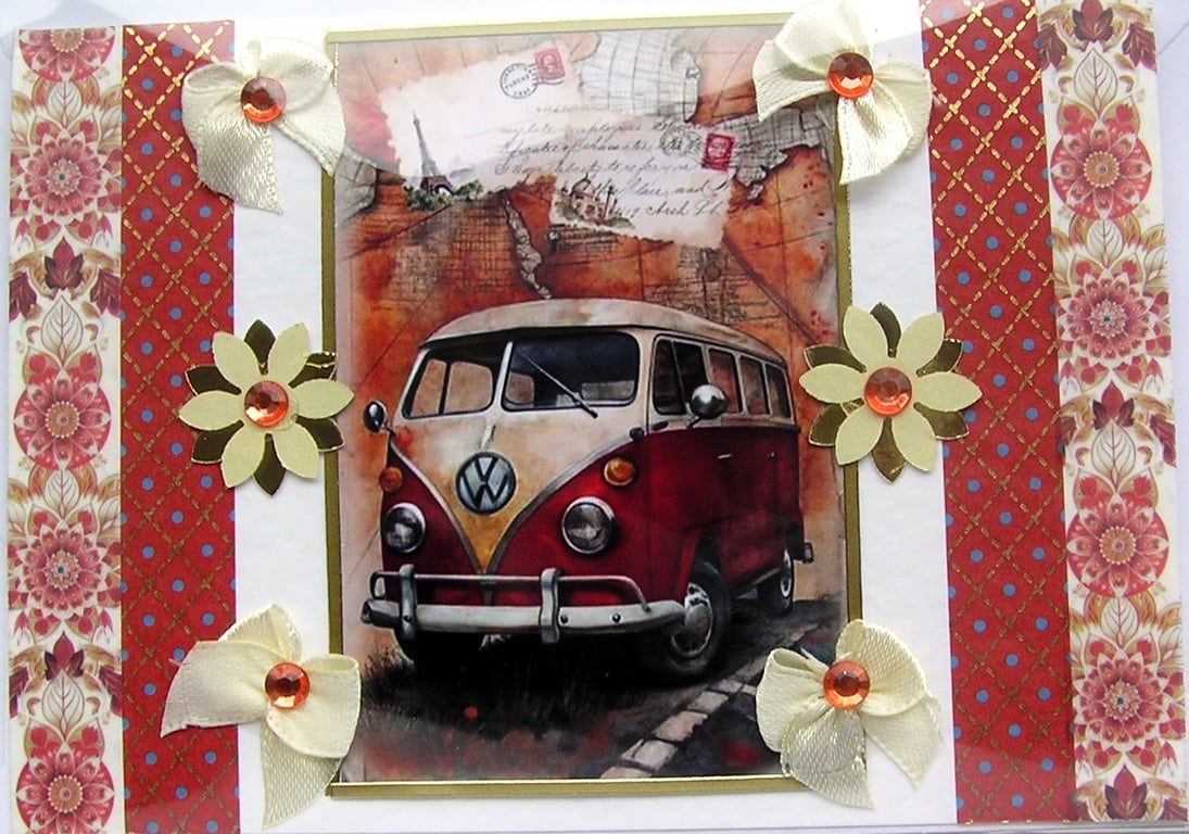 Volkswagen Camper Van Hand Crafted Decoupage Greeting Card - Blank - 3101