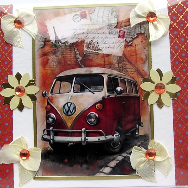 Volkswagen Camper Van Hand Crafted Decoupage Greeting Card - Blank - 3101