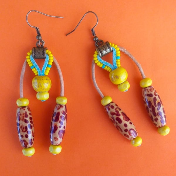 Bright Turquoise and Yellow Beaded Big Statement Dangle Earrings