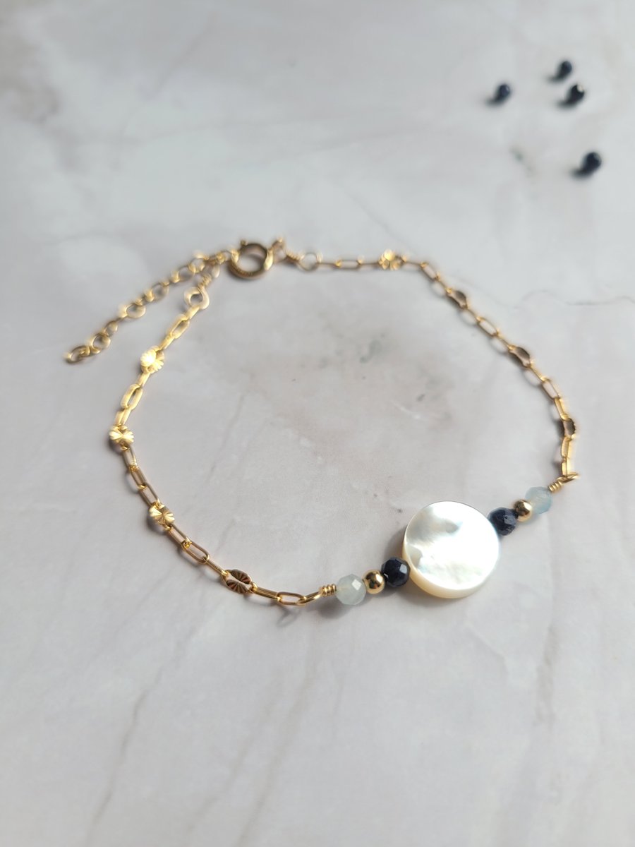 Mother of Pearl, Sapphire and Aquamarine Bracelet - 14kt Gold Filled