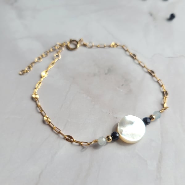 Mother of Pearl, Sapphire and Aquamarine Bracelet - 14kt Gold Filled